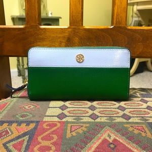 TORY BURCH Grass Green and Pale Blue Leather Zip Around Wallet!!